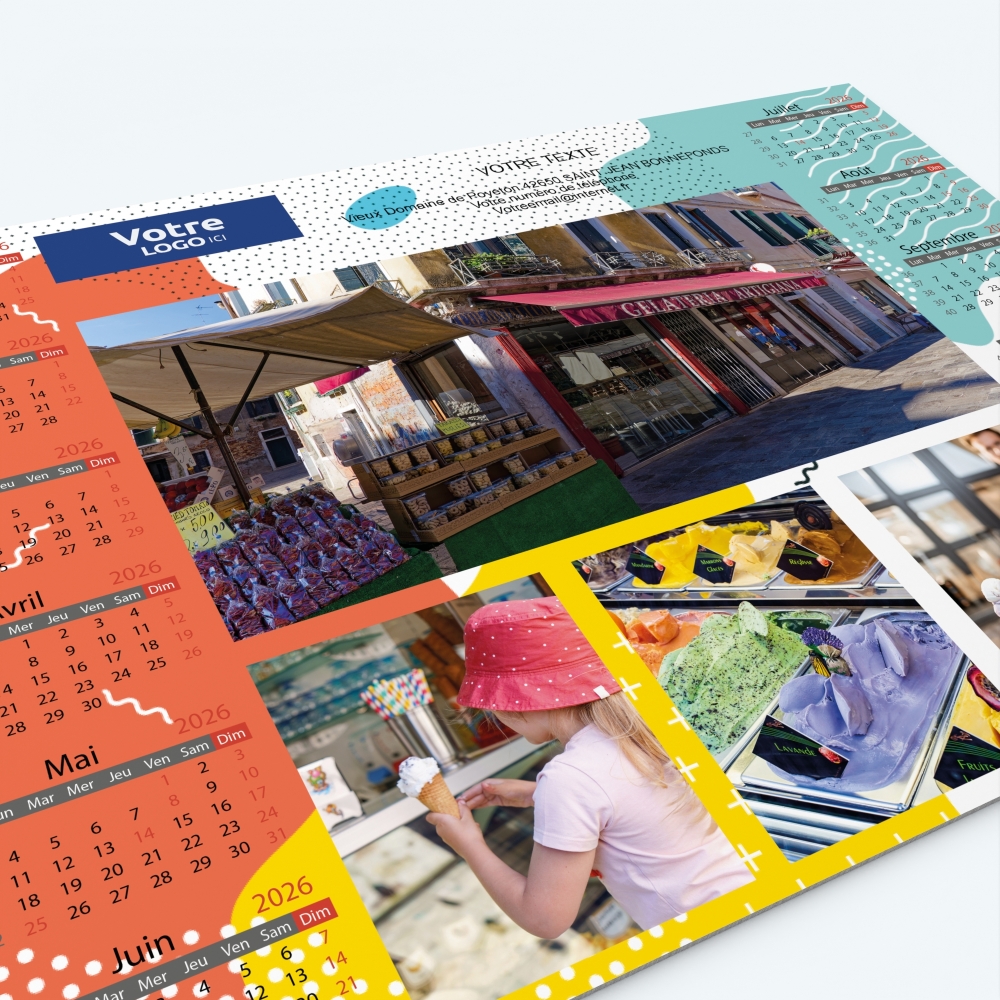 Calendrier sous main - Nombre de photos, logos et texte illimité