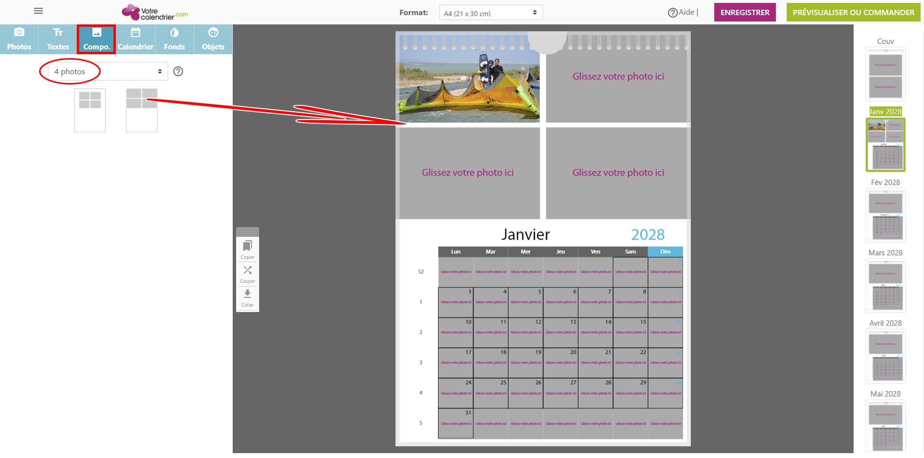 Positionnement des photos sur votre calendrier photos